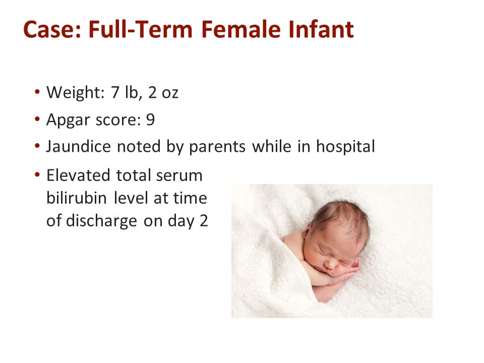 Case: Full-Term Female Infant Weight: 7 lb, 2 oz Apgar score: 9 Jaundice noted by parents while in hospital Elevated total serum bilirubin level at time of discharge on day 2