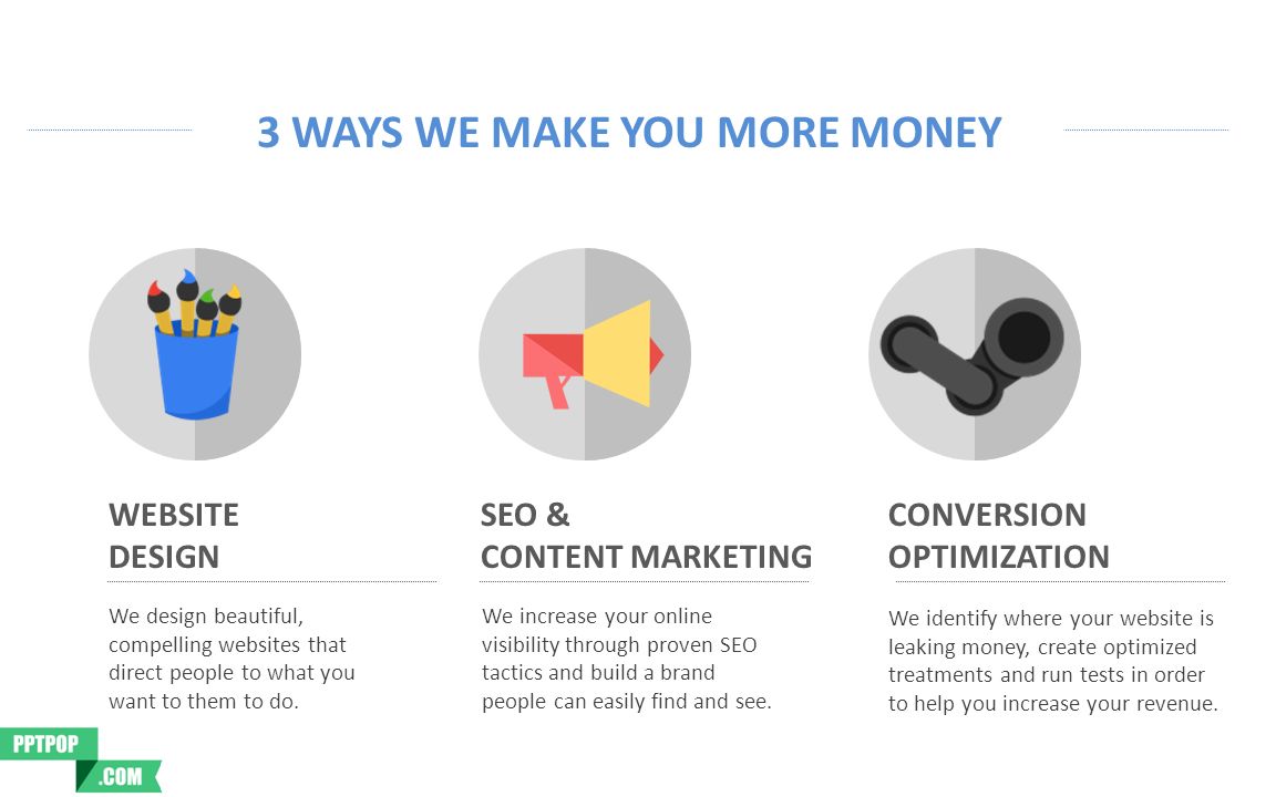3 WAYS WE MAKE YOU MORE MONEY SEO & CONTENT MARKETING WEBSITE DESIGN CONVERSION OPTIMIZATION We design beautiful, compelling websites that direct people to what you want to them to do.