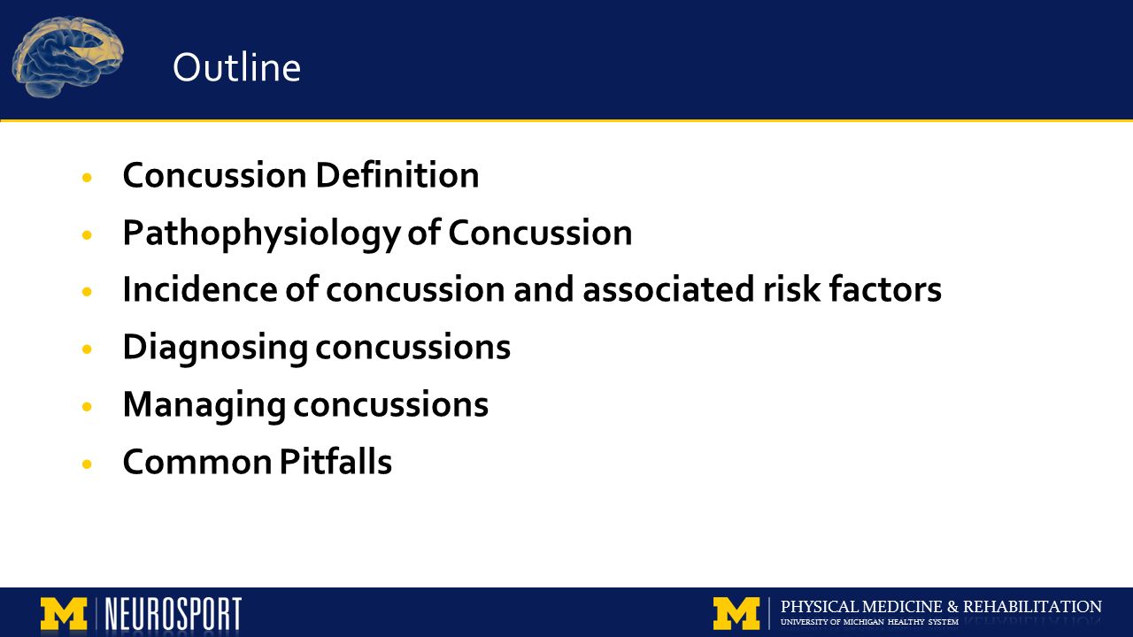 concussions outline Course outline 1 introduction 2 what is a concussion 3 threshold repeated concussions occurring with progressively less impact. concussions outline Course outline 1 introduction 2 what is a concussion 3 threshold repeated concussions occurring with progressively less impact.