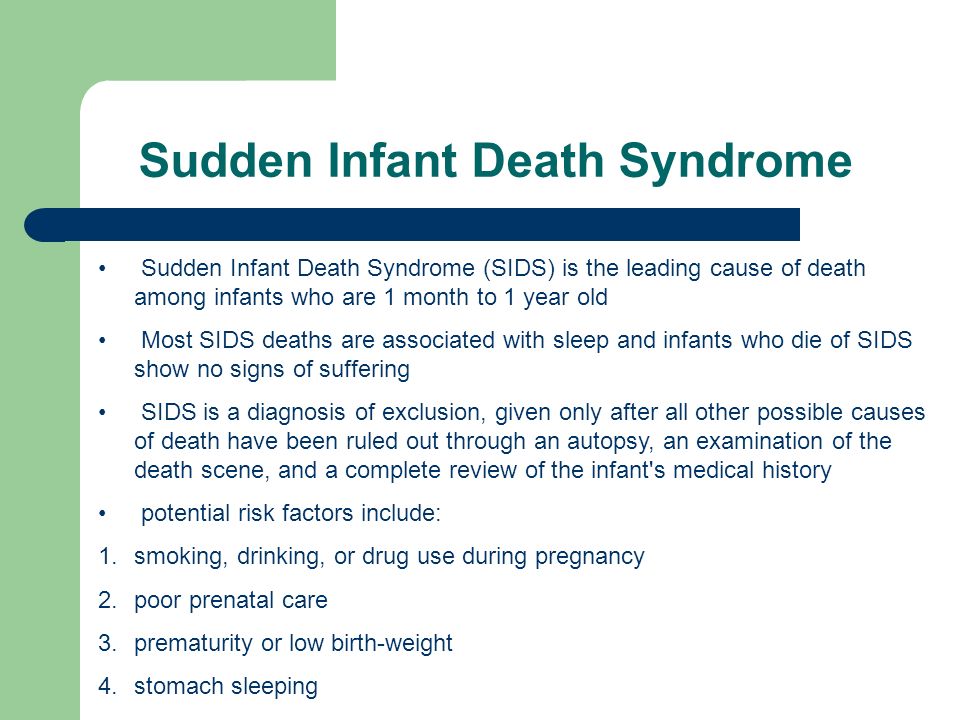 a study of sudden infant death syndrome or sids To identify risk factors for sudden infant death syndrome relevant in lithuania a nationwide case-control study surveying parents of 35 infants who died from sudden infant death syndrome during the period of 1997–2000 and parents of 145 control infants matched with sids infants for date of birth and for region of birth was carried out. a study of sudden infant death syndrome or sids To identify risk factors for sudden infant death syndrome relevant in lithuania a nationwide case-control study surveying parents of 35 infants who died from sudden infant death syndrome during the period of 1997–2000 and parents of 145 control infants matched with sids infants for date of birth and for region of birth was carried out.