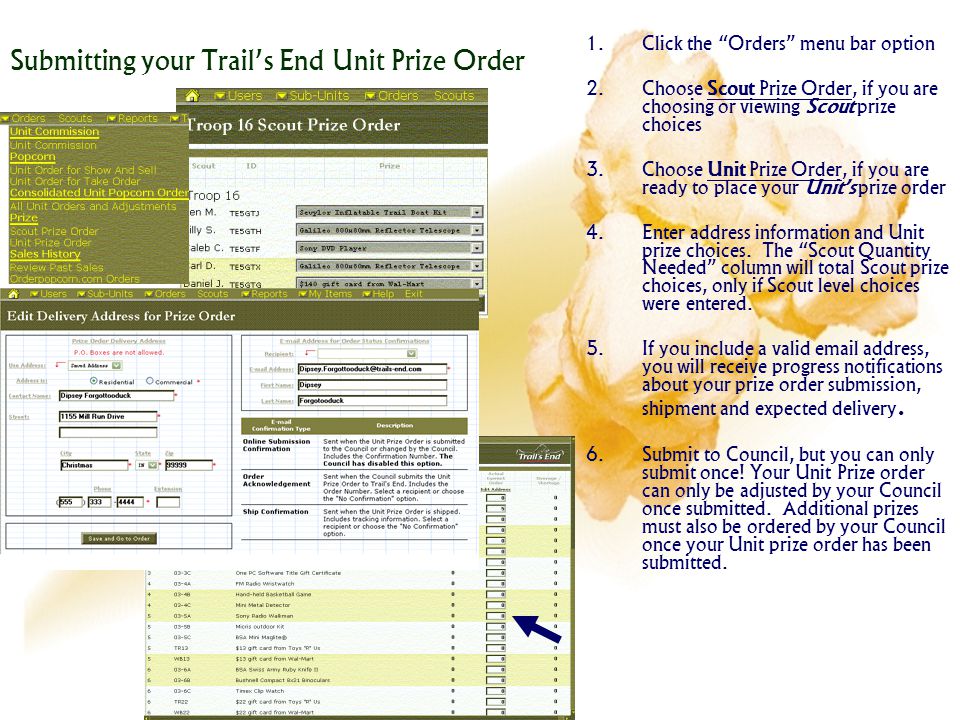 Submitting your Trails End Unit Prize Order 1. Click the Orders menu bar option 2.