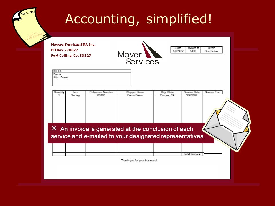 Accounting, simplified. Movers Services SRA Inc. PO Box Fort Collins, Co.