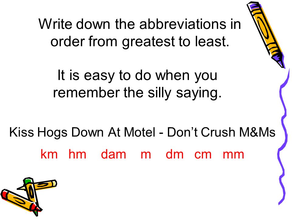Worksheets M Km Mm metrics you can do this meter length gram mass liter write down the abbreviations in order from greatest to least km hm dam m dm