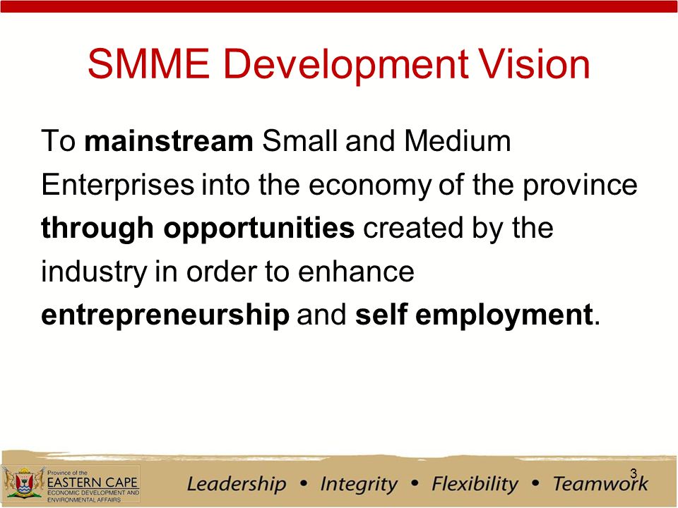 SMME Development Vision To mainstream Small and Medium Enterprises into the economy of the province through opportunities created by the industry in order to enhance entrepreneurship and self employment.