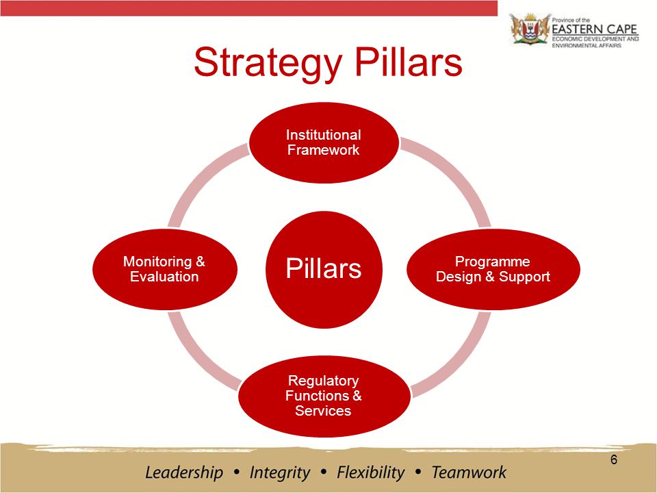 Strategy Pillars 6 Pillars Institutional Framework Programme Design & Support Regulatory Functions & Services Monitoring & Evaluation