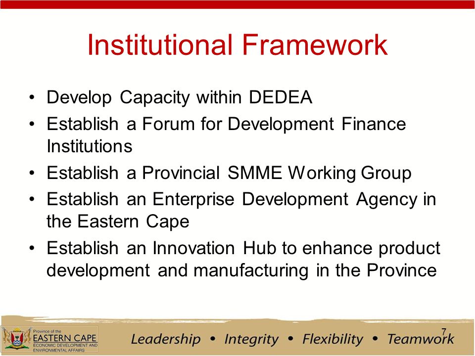 Institutional Framework Develop Capacity within DEDEA Establish a Forum for Development Finance Institutions Establish a Provincial SMME Working Group Establish an Enterprise Development Agency in the Eastern Cape Establish an Innovation Hub to enhance product development and manufacturing in the Province 7