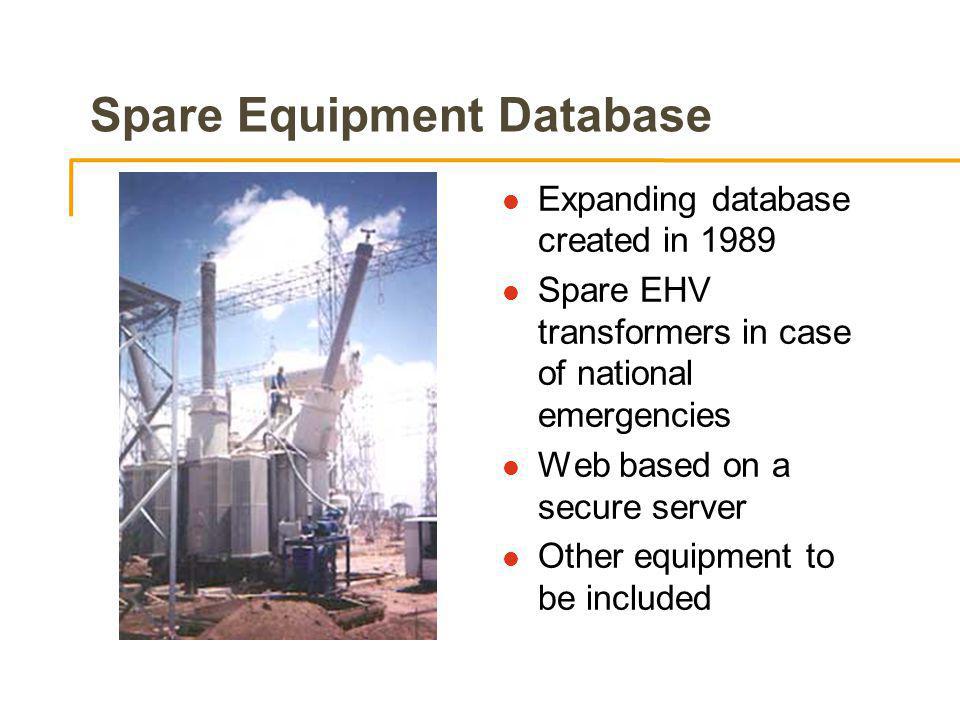 Spare Equipment Database l Expanding database created in 1989 l Spare EHV transformers in case of national emergencies l Web based on a secure server l Other equipment to be included
