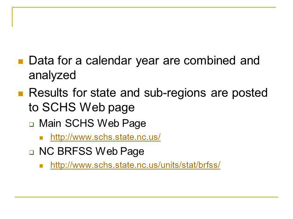 Data for a calendar year are combined and analyzed Results for state and sub-regions are posted to SCHS Web page Main SCHS Web Page   NC BRFSS Web Page