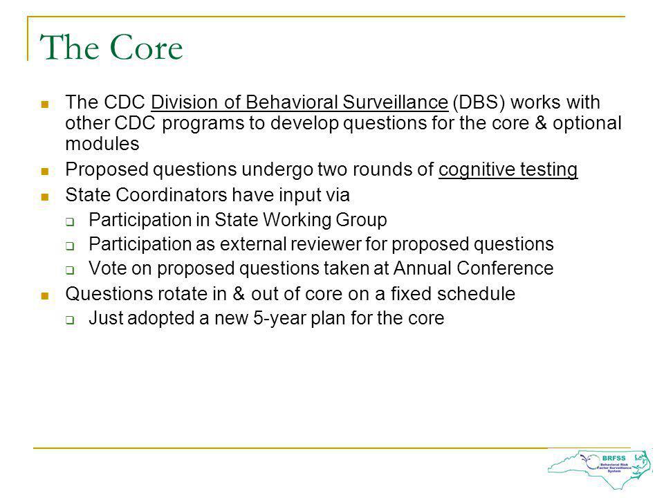 The Core The CDC Division of Behavioral Surveillance (DBS) works with other CDC programs to develop questions for the core & optional modules Proposed questions undergo two rounds of cognitive testing State Coordinators have input via Participation in State Working Group Participation as external reviewer for proposed questions Vote on proposed questions taken at Annual Conference Questions rotate in & out of core on a fixed schedule Just adopted a new 5-year plan for the core