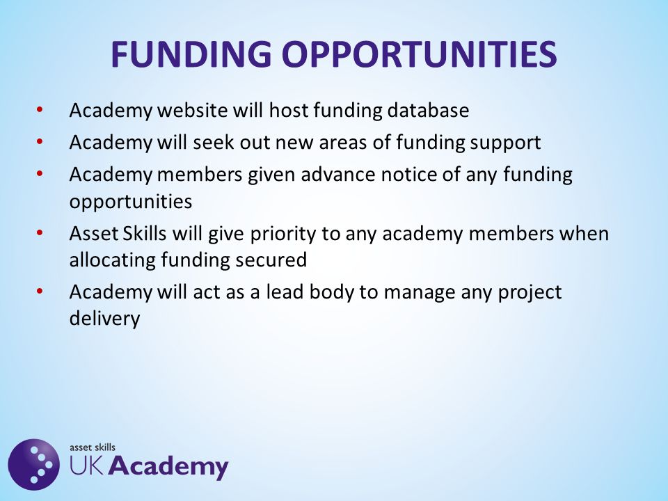 FUNDING OPPORTUNITIES Academy website will host funding database Academy will seek out new areas of funding support Academy members given advance notice of any funding opportunities Asset Skills will give priority to any academy members when allocating funding secured Academy will act as a lead body to manage any project delivery