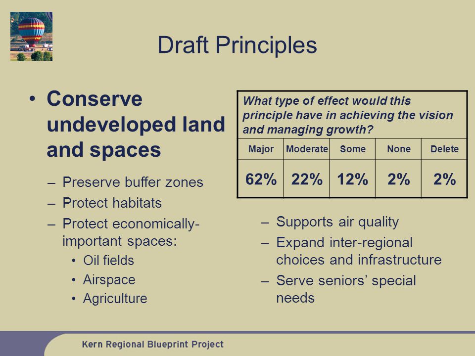 Conserve undeveloped land and spaces What type of effect would this principle have in achieving the vision and managing growth.