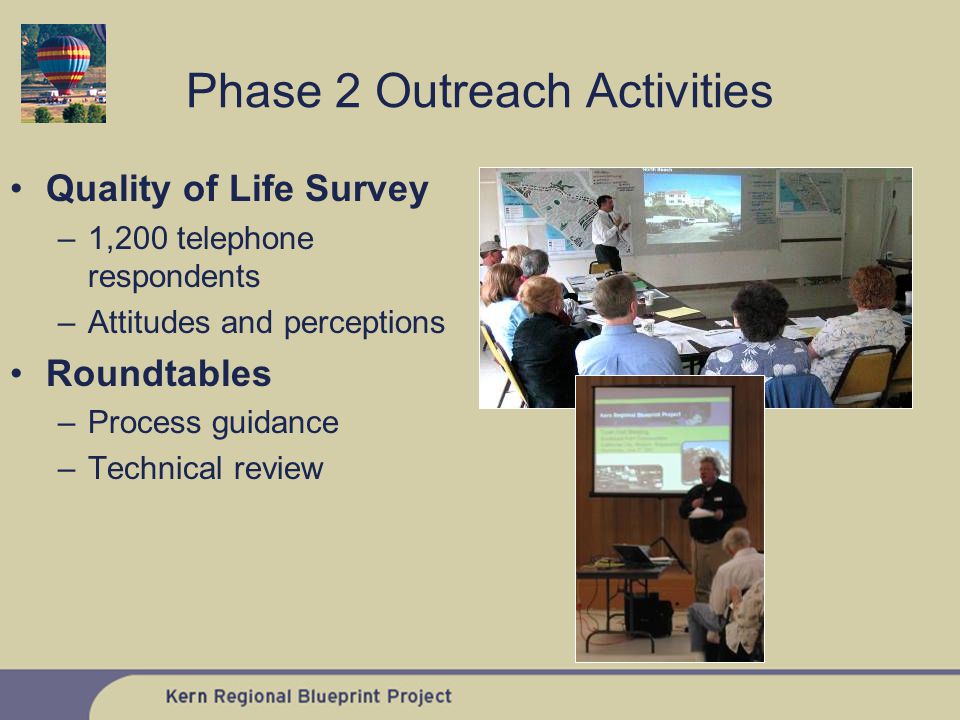Quality of Life Survey –1,200 telephone respondents –Attitudes and perceptions Roundtables –Process guidance –Technical review Phase 2 Outreach Activities