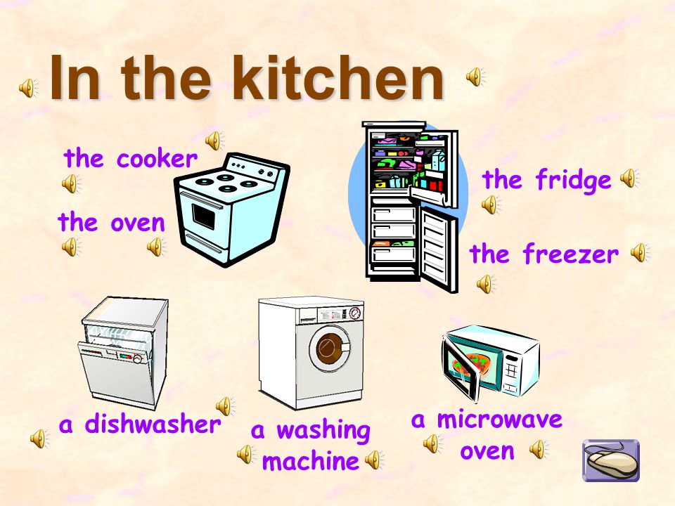 In the kitchen the oven a dishwasher the freezer a microwave oven the cooker the fridge a washing machine