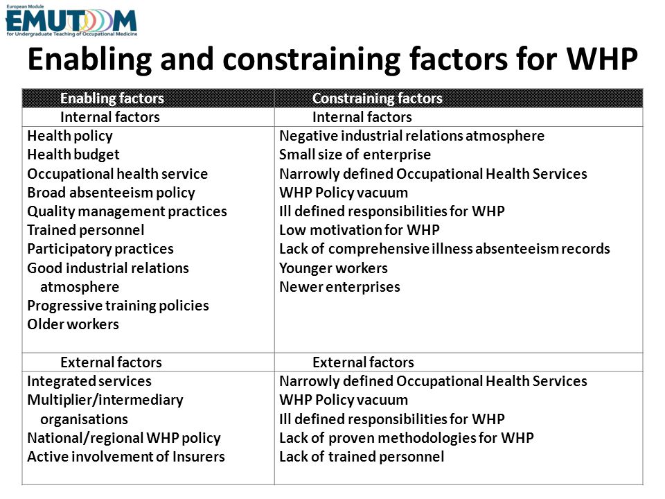 Enabling and constraining factors for WHP Enabling factorsConstraining factors Internal factors Health policy Health budget Occupational health service Broad absenteeism policy Quality management practices Trained personnel Participatory practices Good industrial relations atmosphere Progressive training policies Older workers Negative industrial relations atmosphere Small size of enterprise Narrowly defined Occupational Health Services WHP Policy vacuum Ill defined responsibilities for WHP Low motivation for WHP Lack of comprehensive illness absenteeism records Younger workers Newer enterprises External factors Integrated services Multiplier/intermediary organisations National/regional WHP policy Active involvement of Insurers Narrowly defined Occupational Health Services WHP Policy vacuum Ill defined responsibilities for WHP Lack of proven methodologies for WHP Lack of trained personnel
