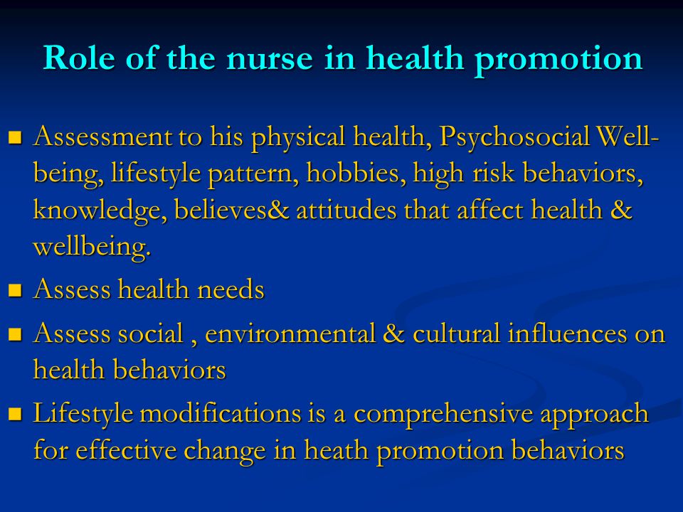 nurses role in health promotion essay How are nursing roles and responsibilities evolving in health promotionexplain the implementation methods for health promotion that encompasses all areas. nurses role in health promotion essay How are nursing roles and responsibilities evolving in health promotionexplain the implementation methods for health promotion that encompasses all areas.