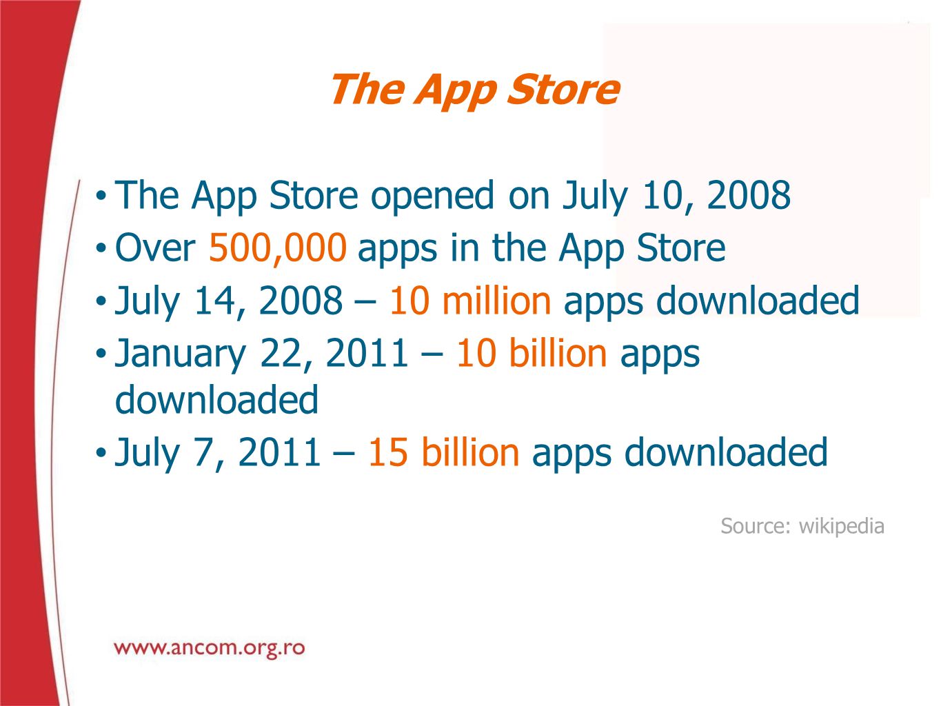 The App Store The App Store opened on July 10, 2008 Over 500,000 apps in the App Store July 14, 2008 – 10 million apps downloaded January 22, 2011 – 10 billion apps downloaded July 7, 2011 – 15 billion apps downloaded Source: wikipedia