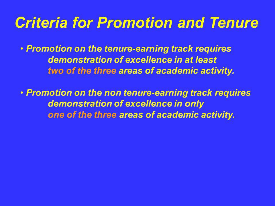 Criteria for Promotion and Tenure Promotion on the tenure-earning track requires demonstration of excellence in at least two of the three areas of academic activity.
