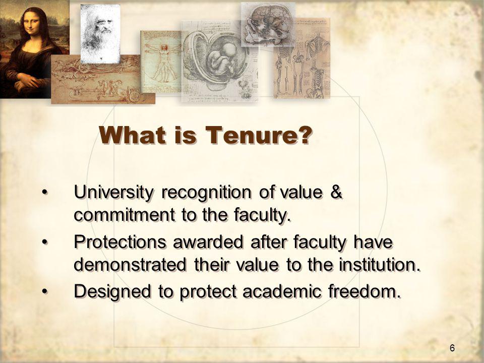 6 What is Tenure. University recognition of value & commitment to the faculty.