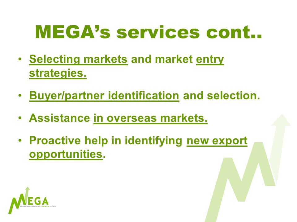 MEGAs services cont.. Selecting markets and market entry strategies.