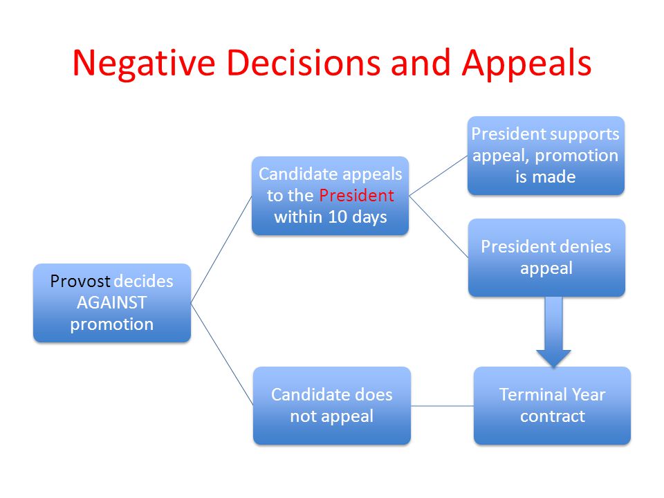 Negative Decisions and Appeals Provost decides AGAINST promotion Candidate appeals to the President within 10 days President supports appeal, promotion is made President denies appeal Candidate does not appeal Terminal Year contract