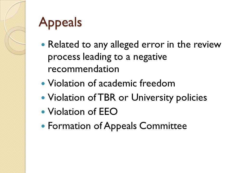 Appeals Related to any alleged error in the review process leading to a negative recommendation Violation of academic freedom Violation of TBR or University policies Violation of EEO Formation of Appeals Committee