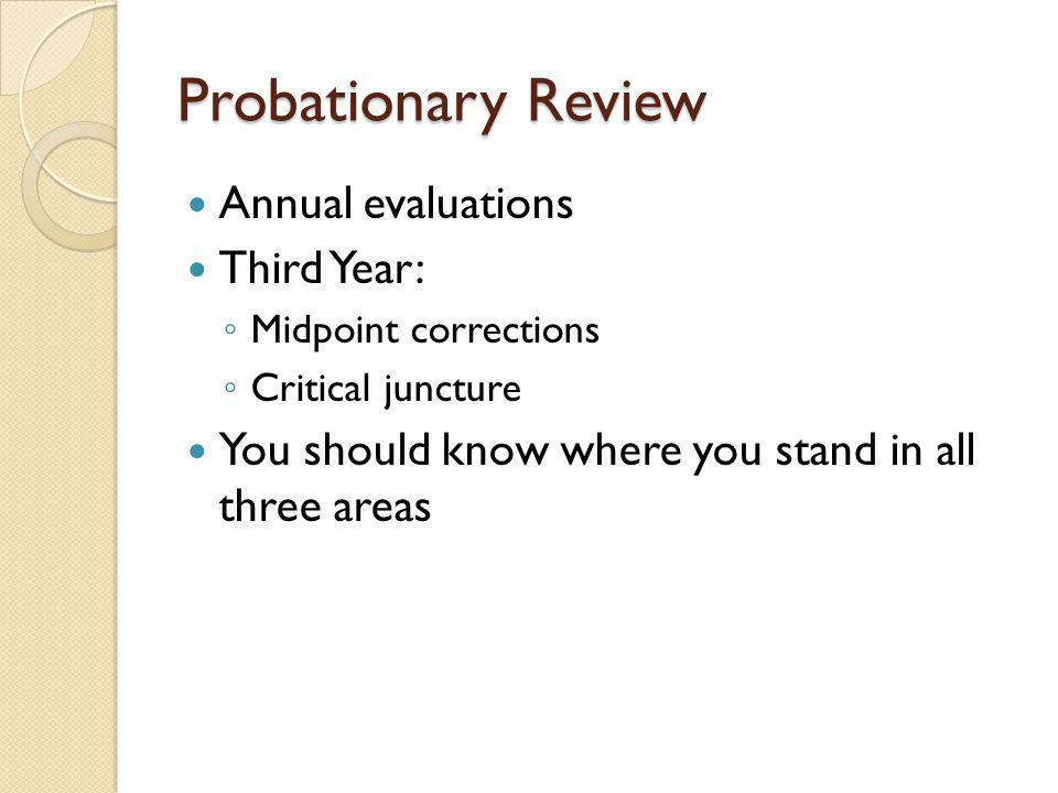 Probationary Review Annual evaluations Third Year: Midpoint corrections Critical juncture You should know where you stand in all three areas