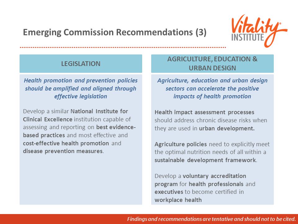 Emerging Commission Recommendations (3) Health promotion and prevention policies should be amplified and aligned through effective legislation Develop a similar National Institute for Clinical Excellence institution capable of assessing and reporting on best evidence- based practices and most effective and cost-effective health promotion and disease prevention measures.