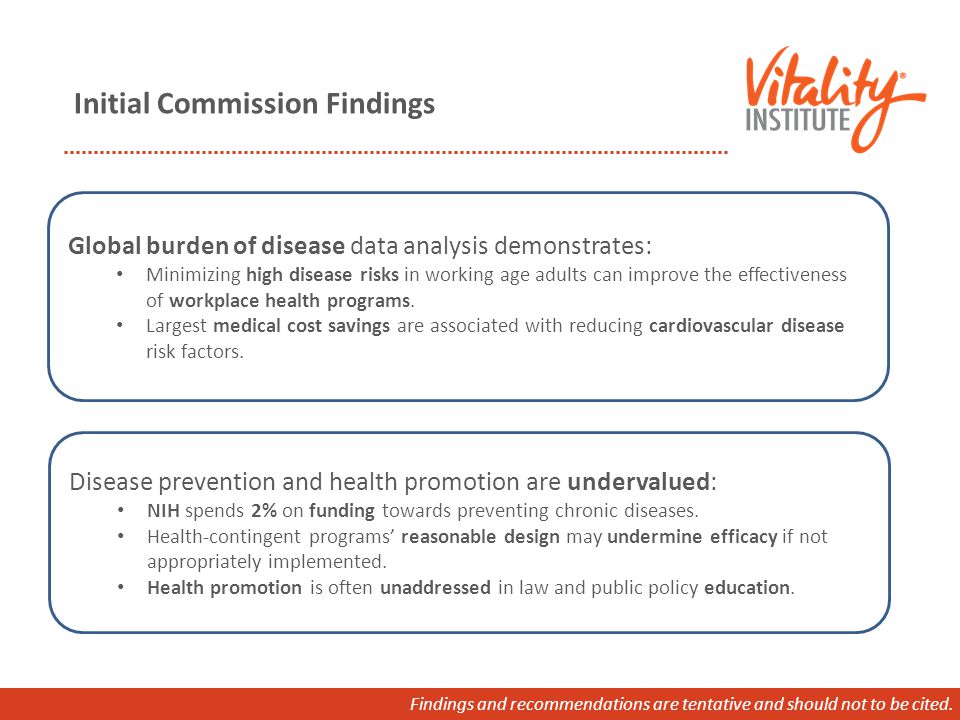 Initial Commission Findings Global burden of disease data analysis demonstrates: Minimizing high disease risks in working age adults can improve the effectiveness of workplace health programs.