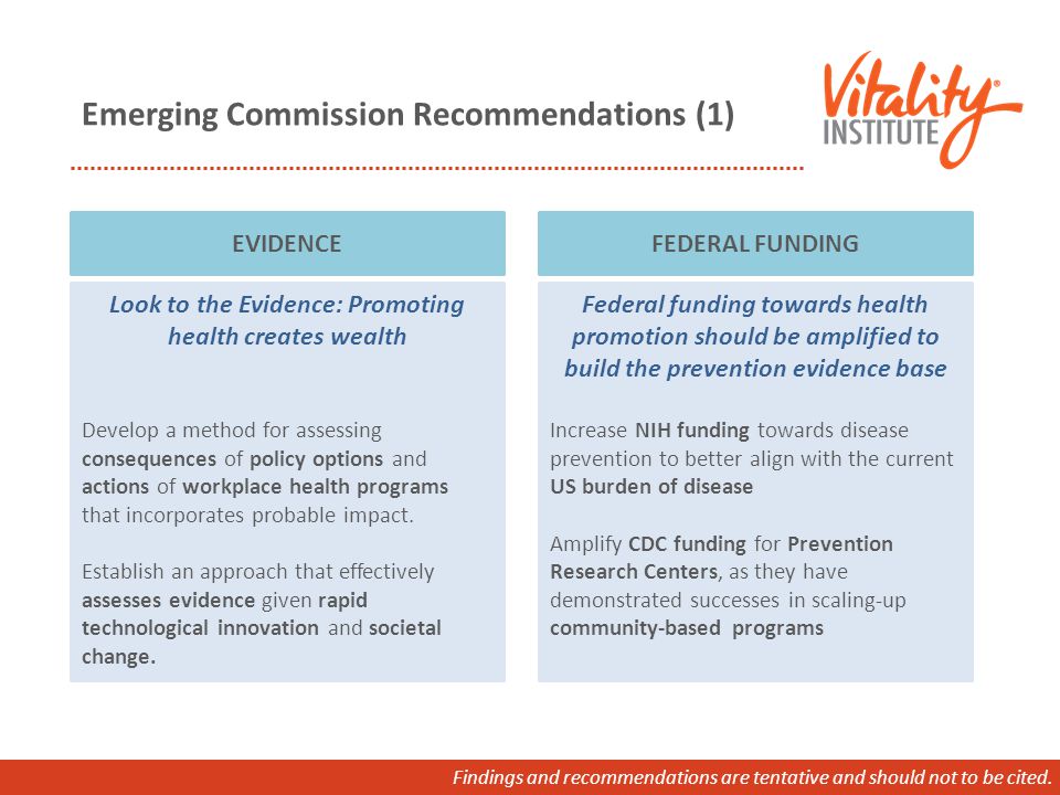 Emerging Commission Recommendations (1) Look to the Evidence: Promoting health creates wealth Develop a method for assessing consequences of policy options and actions of workplace health programs that incorporates probable impact.