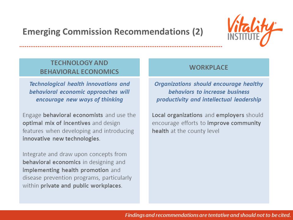 Emerging Commission Recommendations (2) Technological health innovations and behavioral economic approaches will encourage new ways of thinking Engage behavioral economists and use the optimal mix of incentives and design features when developing and introducing innovative new technologies.