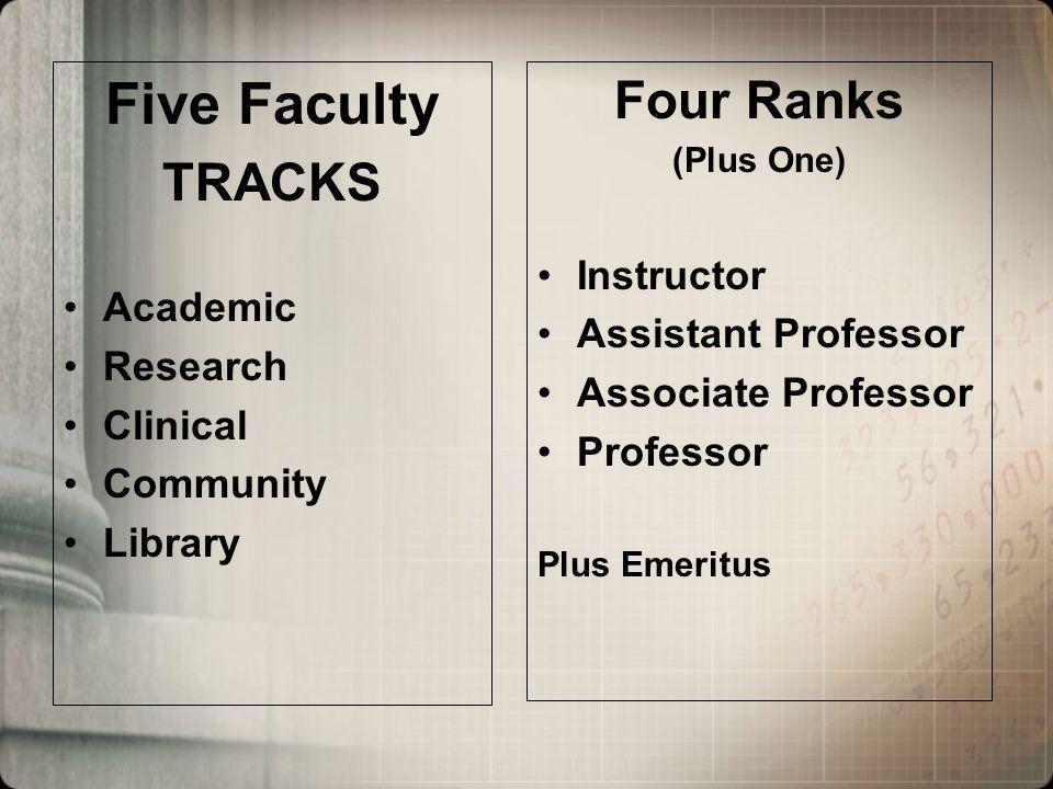 Five Faculty TRACKS Academic Research Clinical Community Library Four Ranks (Plus One) Instructor Assistant Professor Associate Professor Professor Plus Emeritus