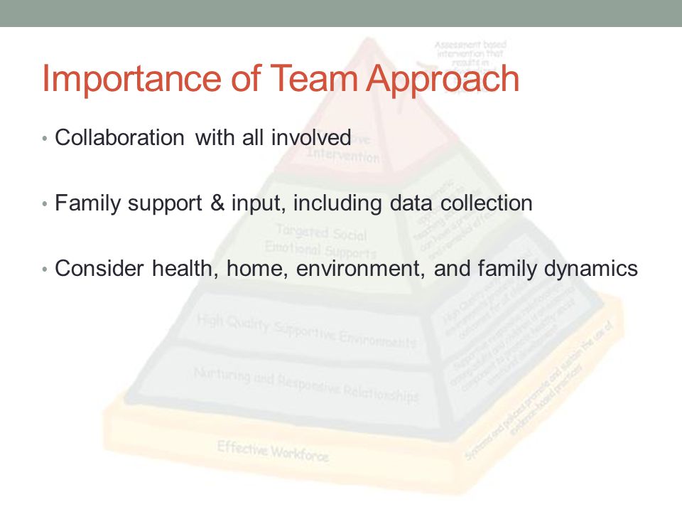 Importance of Team Approach Collaboration with all involved Family support & input, including data collection Consider health, home, environment, and family dynamics