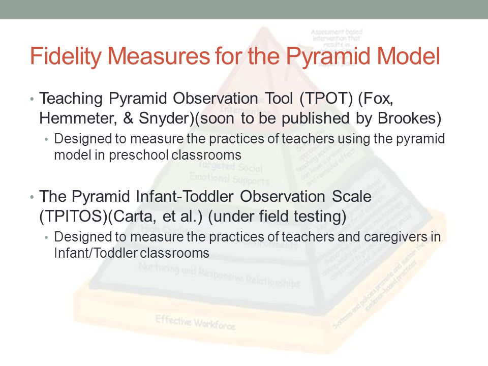 Fidelity Measures for the Pyramid Model Teaching Pyramid Observation Tool (TPOT) (Fox, Hemmeter, & Snyder)(soon to be published by Brookes) Designed to measure the practices of teachers using the pyramid model in preschool classrooms The Pyramid Infant-Toddler Observation Scale (TPITOS)(Carta, et al.) (under field testing) Designed to measure the practices of teachers and caregivers in Infant/Toddler classrooms