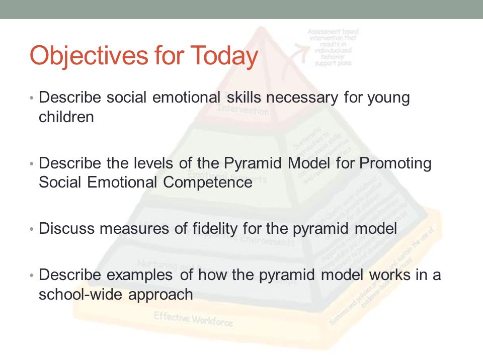 Objectives for Today Describe social emotional skills necessary for young children Describe the levels of the Pyramid Model for Promoting Social Emotional Competence Discuss measures of fidelity for the pyramid model Describe examples of how the pyramid model works in a school-wide approach