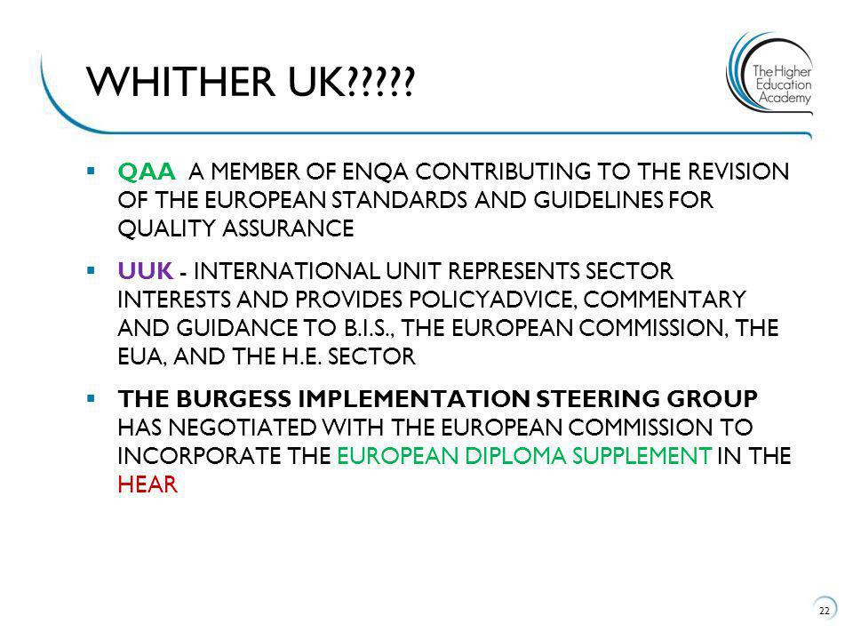 QAA A MEMBER OF ENQA CONTRIBUTING TO THE REVISION OF THE EUROPEAN STANDARDS AND GUIDELINES FOR QUALITY ASSURANCE UUK - INTERNATIONAL UNIT REPRESENTS SECTOR INTERESTS AND PROVIDES POLICYADVICE, COMMENTARY AND GUIDANCE TO B.I.S., THE EUROPEAN COMMISSION, THE EUA, AND THE H.E.