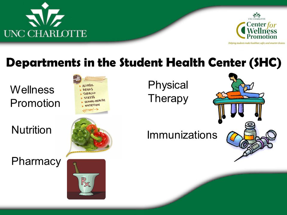 Departments in the Student Health Center (SHC) Wellness Promotion Pharmacy Physical Therapy Nutrition Immunizations