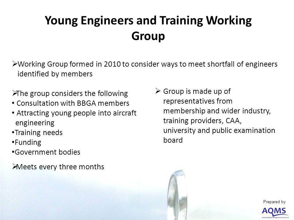 Young Engineers and Training Working Group Working Group formed in 2010 to consider ways to meet shortfall of engineers identified by members The group considers the following Consultation with BBGA members Attracting young people into aircraft engineering Training needs Funding Government bodies Meets every three months Prepared by Group is made up of representatives from membership and wider industry, training providers, CAA, university and public examination board