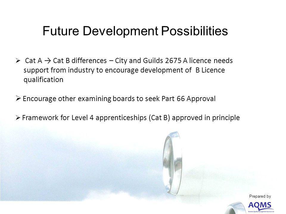 Future Development Possibilities Cat A Cat B differences – City and Guilds 2675 A licence needs support from industry to encourage development of B Licence qualification Encourage other examining boards to seek Part 66 Approval Framework for Level 4 apprenticeships (Cat B) approved in principle Prepared by