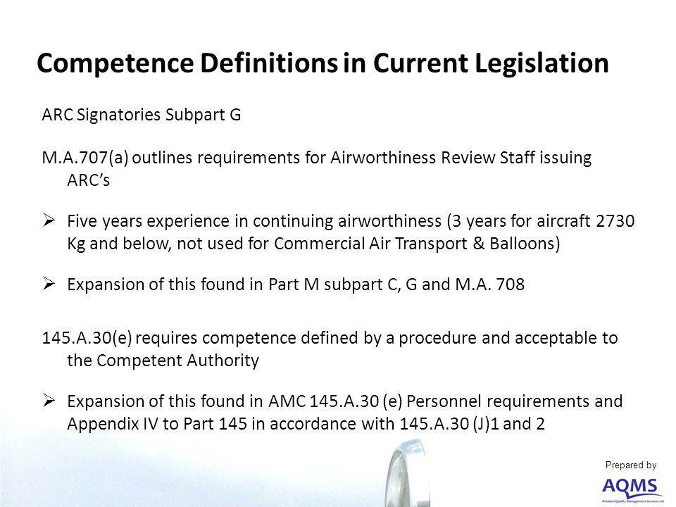 ARC Signatories Subpart G M.A.707(a) outlines requirements for Airworthiness Review Staff issuing ARCs Five years experience in continuing airworthiness (3 years for aircraft 2730 Kg and below, not used for Commercial Air Transport & Balloons) Expansion of this found in Part M subpart C, G and M.A.