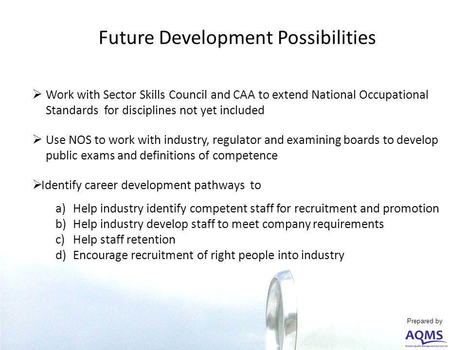 Future Development Possibilities Work with Sector Skills Council and CAA to extend National Occupational Standards for disciplines not yet included Use NOS to work with industry, regulator and examining boards to develop public exams and definitions of competence Identify career development pathways to a)Help industry identify competent staff for recruitment and promotion b)Help industry develop staff to meet company requirements c)Help staff retention d)Encourage recruitment of right people into industry Prepared by