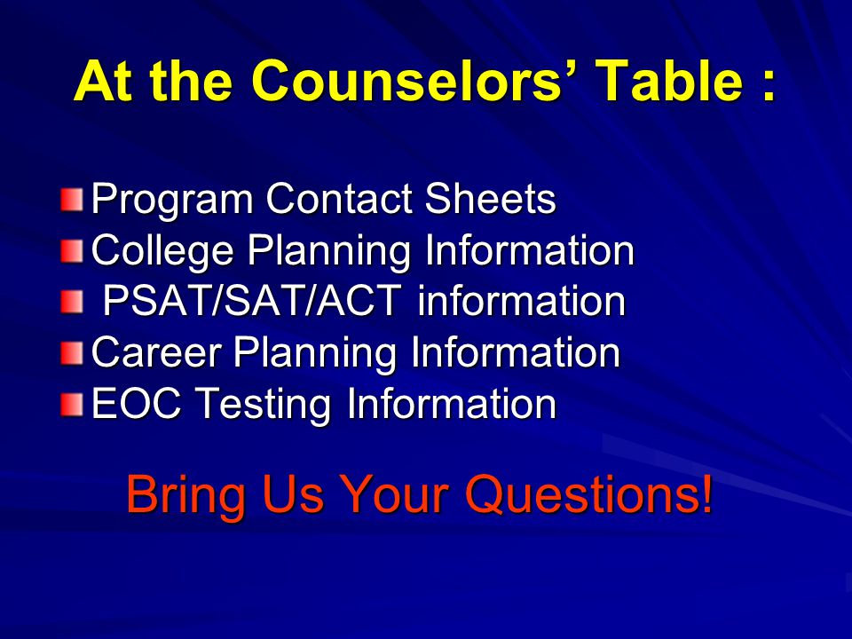 At the Counselors Table : Program Contact Sheets College Planning Information PSAT/SAT/ACT information PSAT/SAT/ACT information Career Planning Information EOC Testing Information Bring Us Your Questions!
