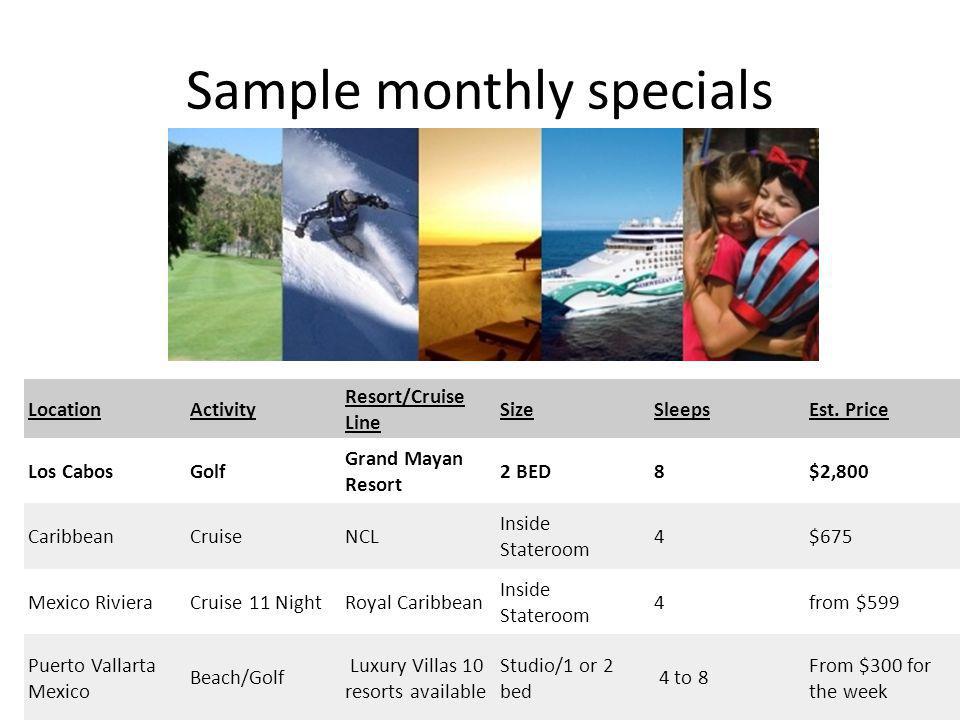 Sample monthly specials LocationActivity Resort/Cruise Line SizeSleepsEst.