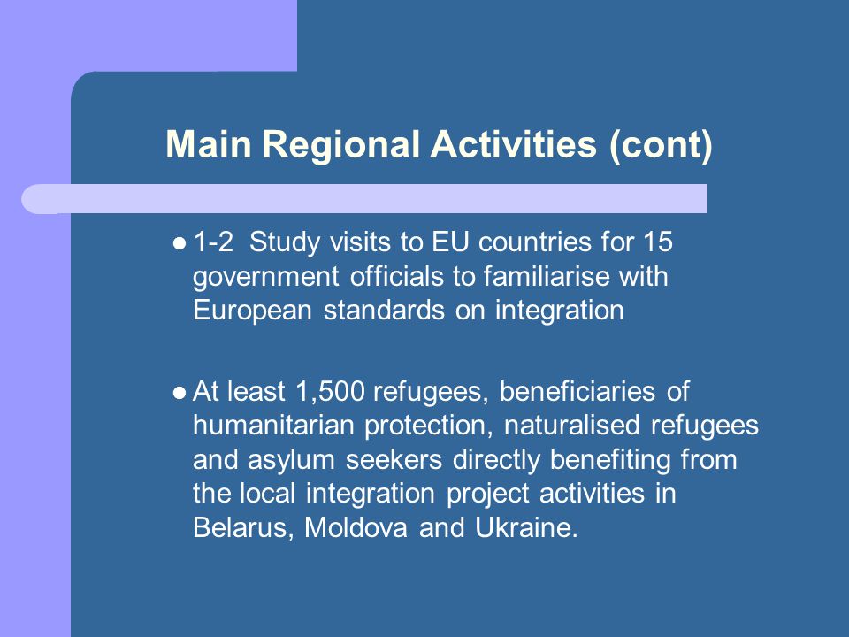 Main Regional Activities (cont) 1-2 Study visits to EU countries for 15 government officials to familiarise with European standards on integration At least 1,500 refugees, beneficiaries of humanitarian protection, naturalised refugees and asylum seekers directly benefiting from the local integration project activities in Belarus, Moldova and Ukraine.