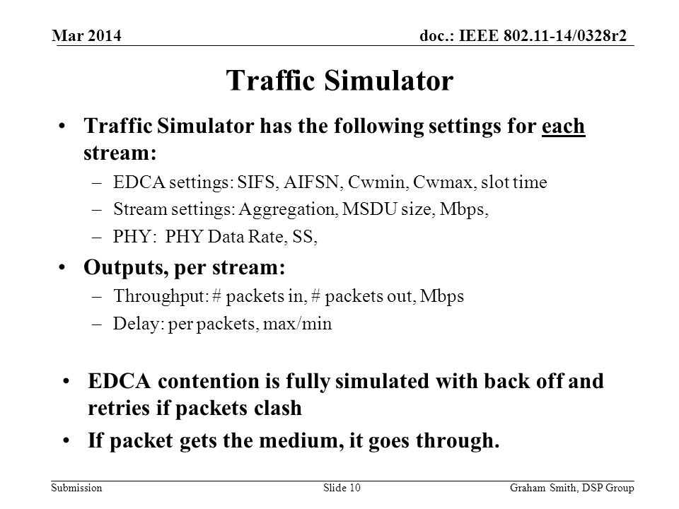 doc.: IEEE /0328r2 Submission Traffic Simulator has the following settings for each stream: –EDCA settings: SIFS, AIFSN, Cwmin, Cwmax, slot time –Stream settings: Aggregation, MSDU size, Mbps, –PHY: PHY Data Rate, SS, Outputs, per stream: –Throughput: # packets in, # packets out, Mbps –Delay: per packets, max/min EDCA contention is fully simulated with back off and retries if packets clash If packet gets the medium, it goes through.