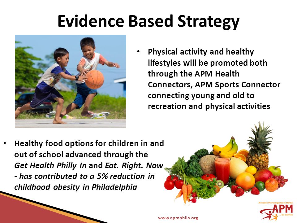 Evidence Based Strategy Physical activity and healthy lifestyles will be promoted both through the APM Health Connectors, APM Sports Connector connecting young and old to recreation and physical activities Healthy food options for children in and out of school advanced through the Get Health Philly In and Eat.
