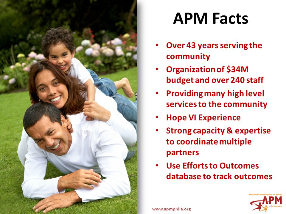 APM Facts Over 43 years serving the community Organization of $34M budget and over 240 staff Providing many high level services to the community Hope VI Experience Strong capacity & expertise to coordinate multiple partners Use Efforts to Outcomes database to track outcomes