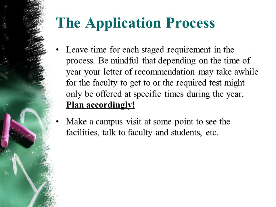 The Application Process Leave time for each staged requirement in the process.