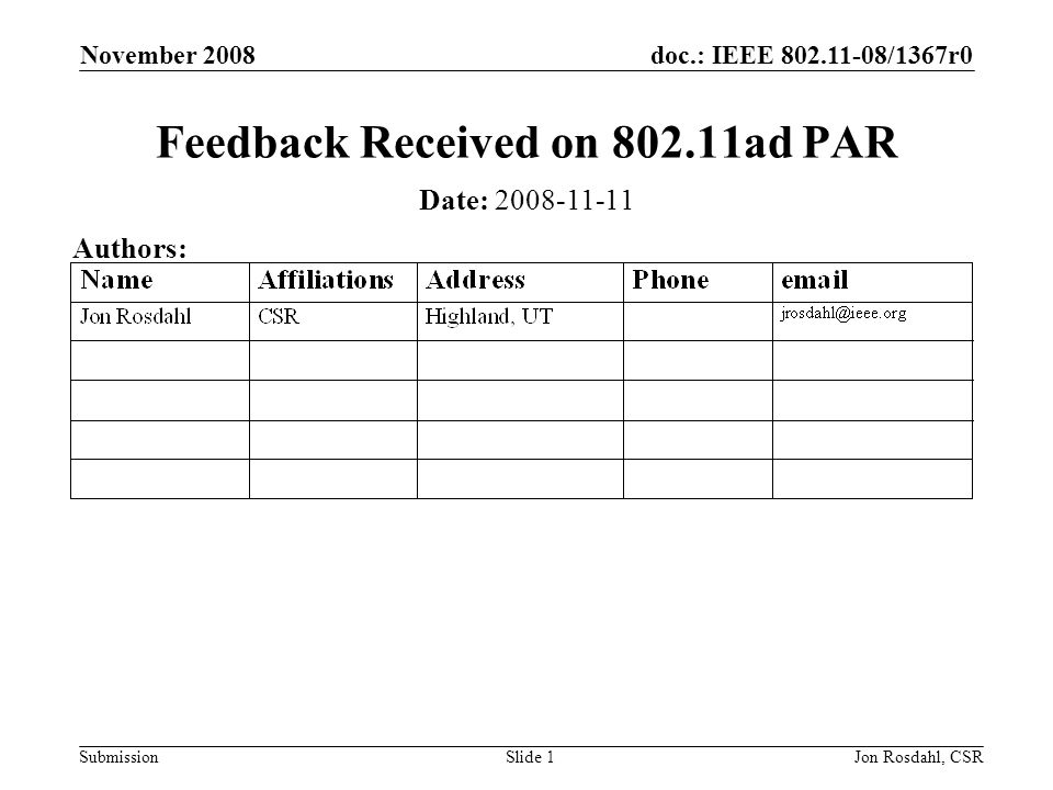 doc.: IEEE /1367r0 Submission November 2008 Jon Rosdahl, CSRSlide 1 Feedback Received on ad PAR Date: Authors: