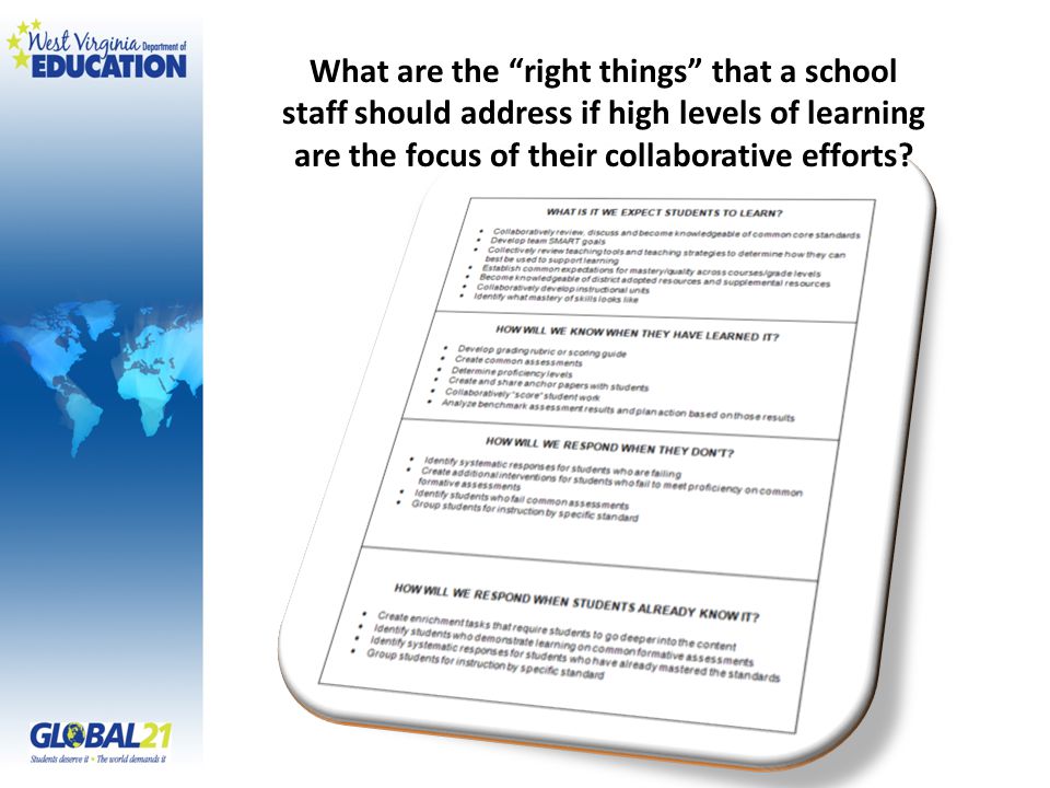 What are the right things that a school staff should address if high levels of learning are the focus of their collaborative efforts