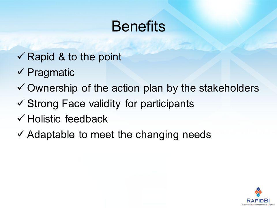 Benefits Rapid & to the point Pragmatic Ownership of the action plan by the stakeholders Strong Face validity for participants Holistic feedback Adaptable to meet the changing needs